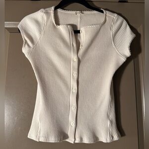 Free People Ivory Button-Down Ribbed Top